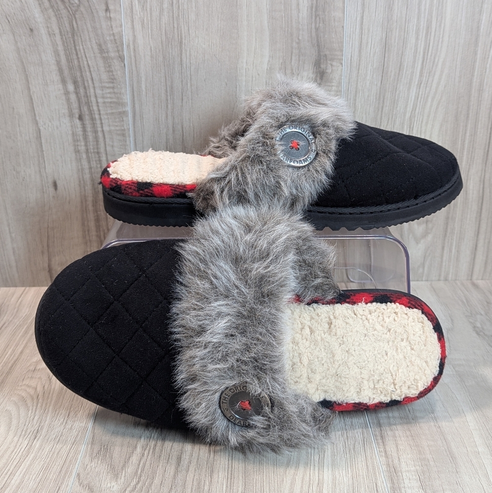 Women's Dearfoam Slippers Size XL 11/12 Black Red Plaid Shearling Fireside